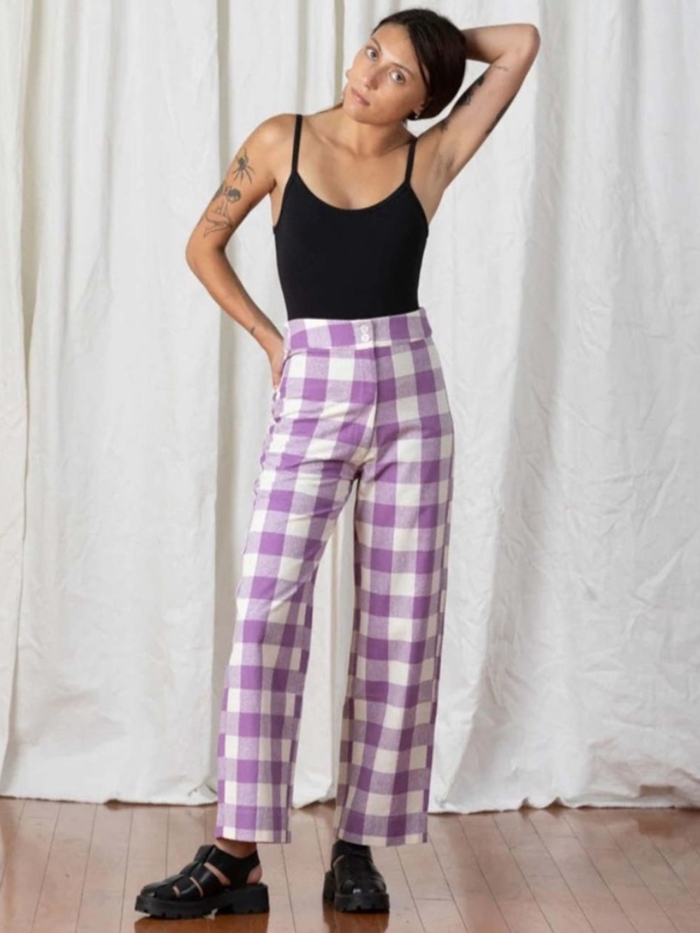 ALI GOLDEN Silk Fly Front Pant Lilac Plaid Purple White Check EUC